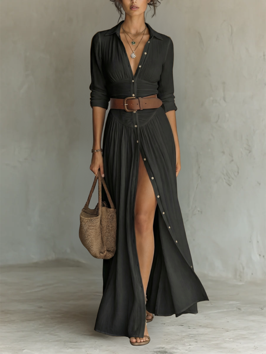 Abito Maxi Collo Rovesciato Maniche Lunghe