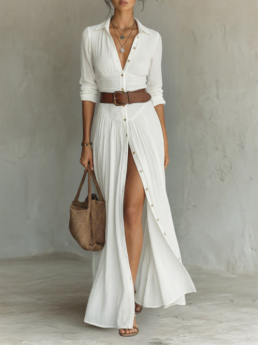 Abito Maxi Collo Rovesciato Maniche Lunghe