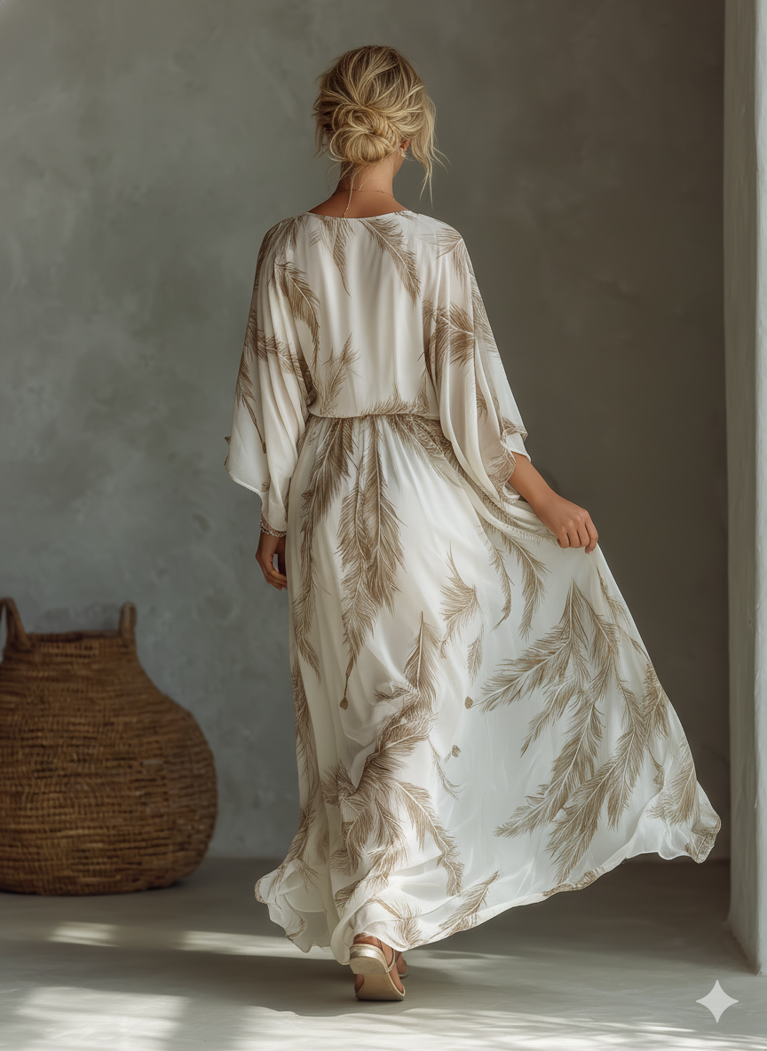 Abito Maxi in Chiffon Avorio e Taupe Maniche Dolman Fronte Arricciato