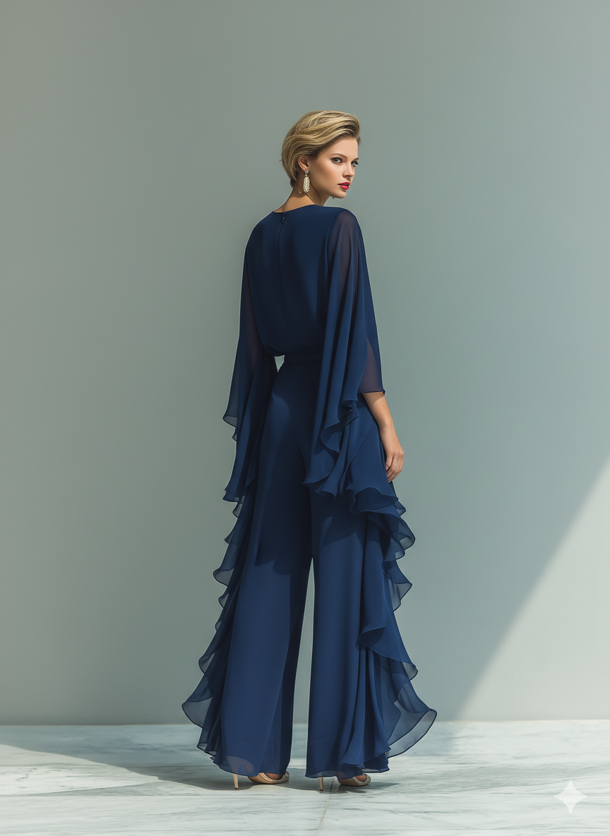 Completo Donna Top Chiffon Blu Navy Maniche Svasate e Pantalone Dritto Volant
