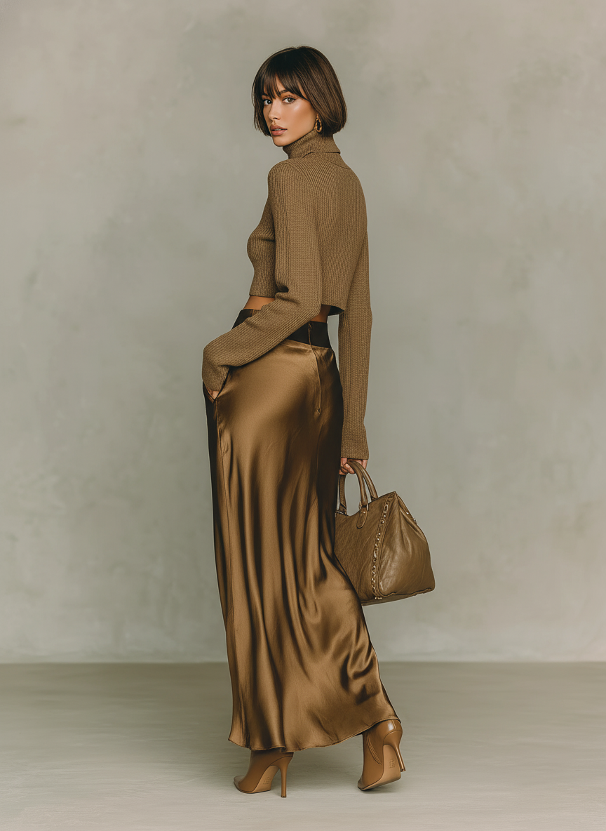 Completo maglia collo alto marrone-dorato e gonna midi satin