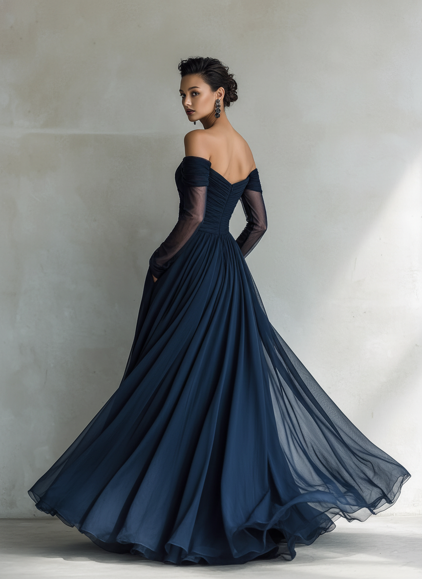 Abito Maxi Elegante in Chiffon Organza Blu Scuro con Maniche Lunghe e Spalle Scoperte