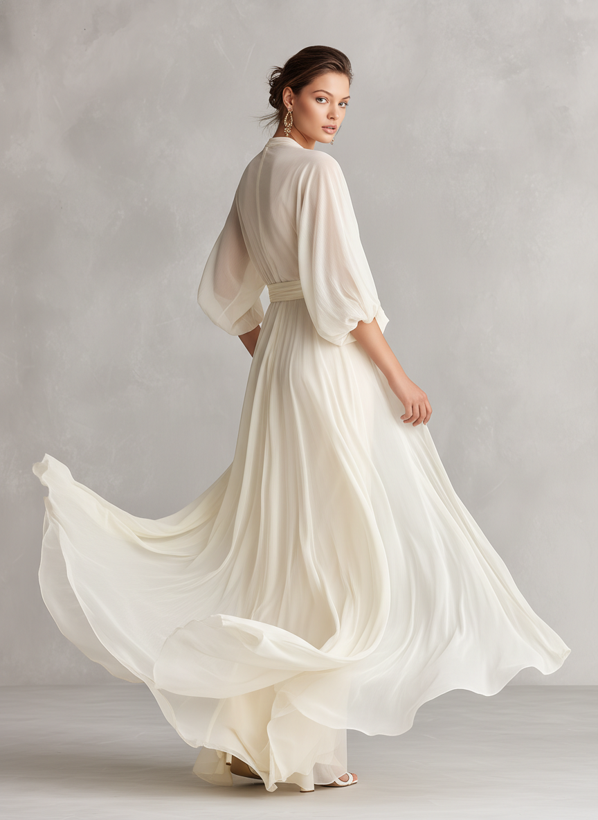 Abito in Chiffon Trasparente Avorio con Maniche a Sbuffo e Dettaglio Avvolgente