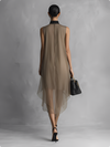 Abito senza maniche in chiffon bicolore cachi e marrone