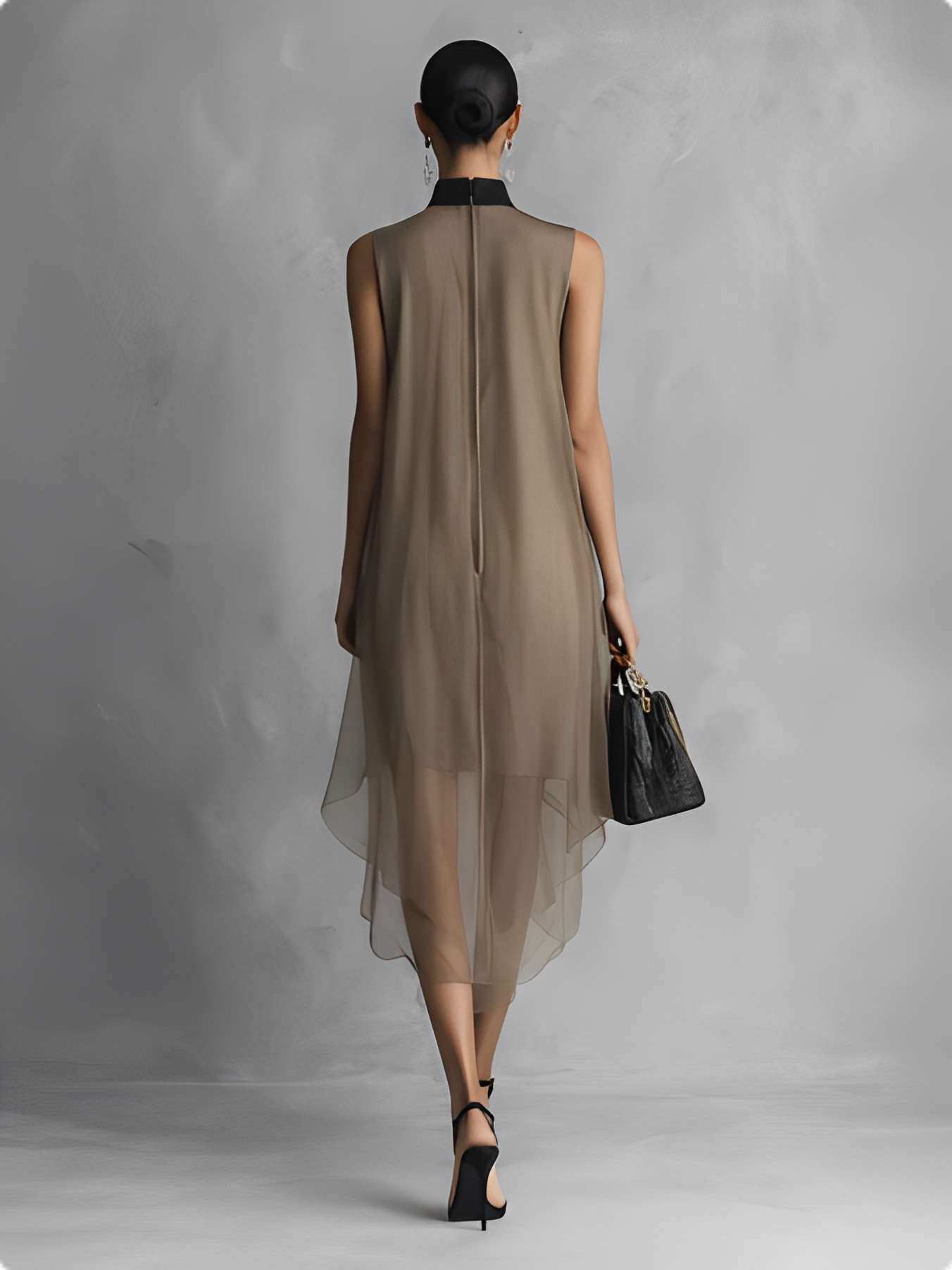 Abito senza maniche in chiffon bicolore cachi e marrone