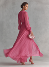 Abito Lungo Elegante Donna in Chiffon Rosa Cipria con Perle
