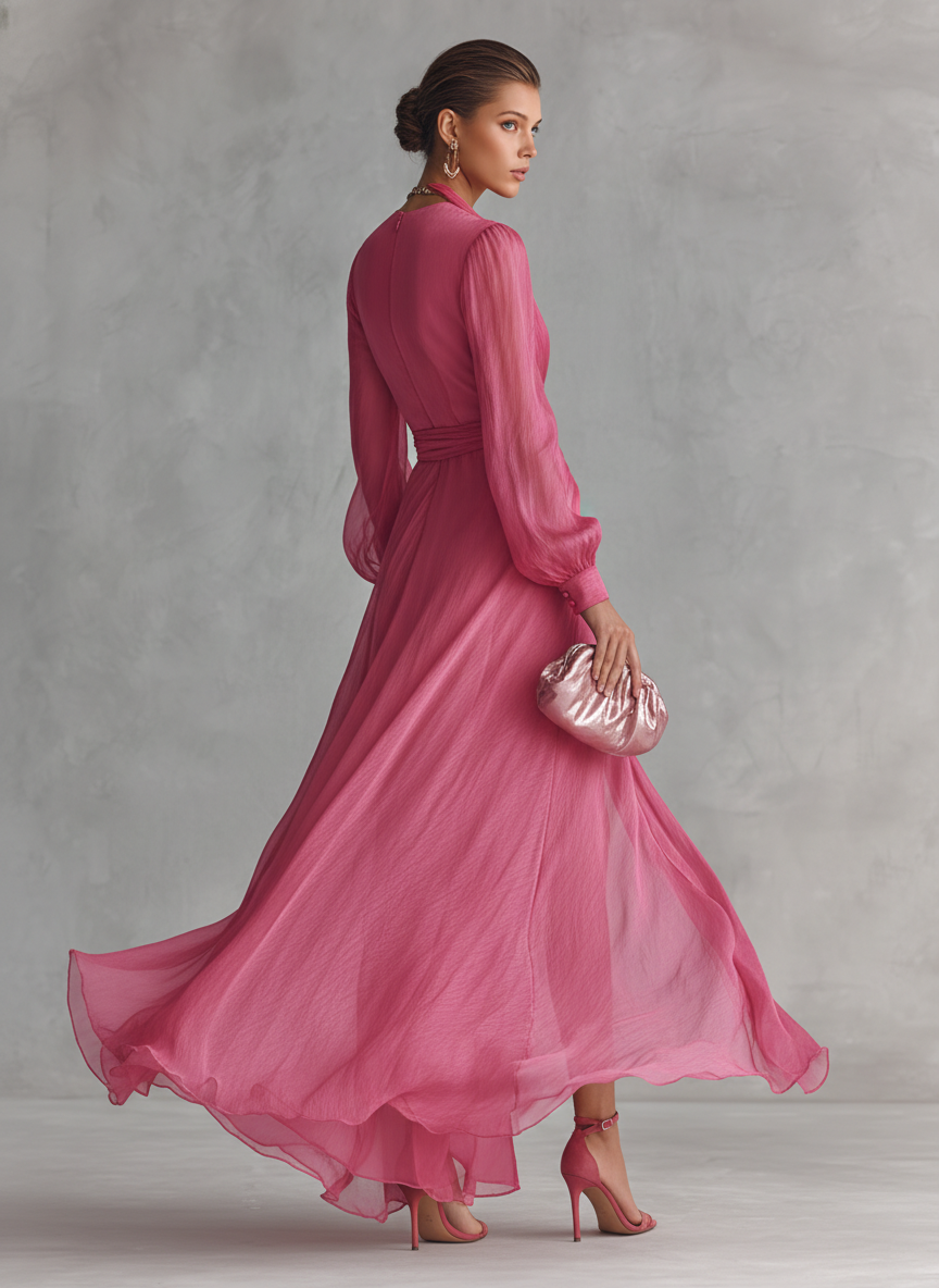 Abito Lungo Elegante Donna in Chiffon Rosa Cipria con Perle