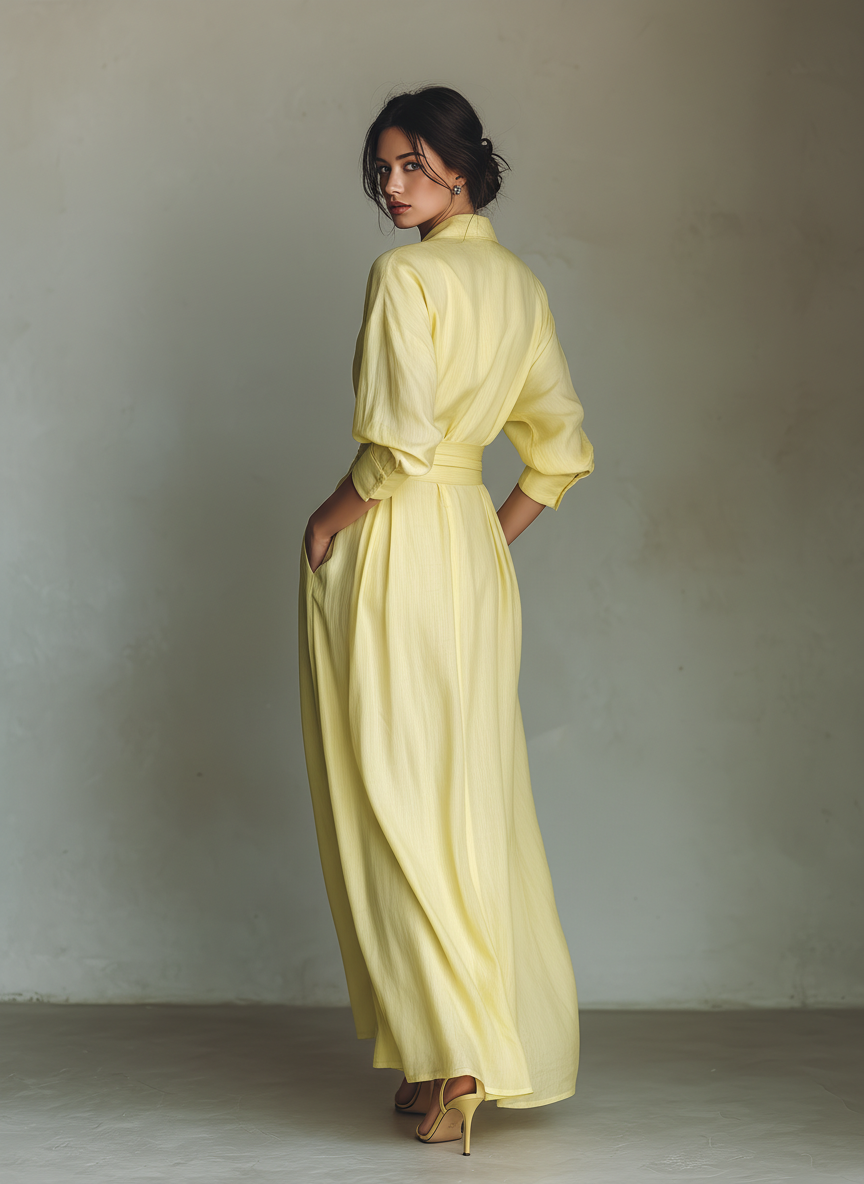 Abito Camicia Maxi Donna Giallo Limone Cotone Lino Cintura Annodabile