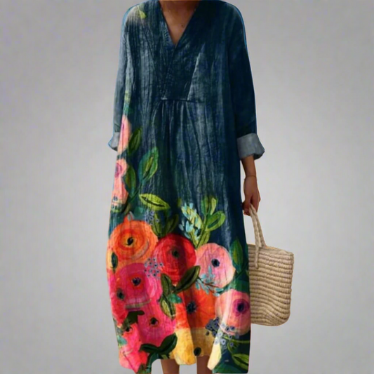 Poppy™ | Abito maxiblu in cotone con fiori acquerellati