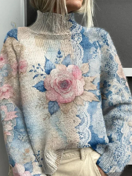 Renée - Maglione a Collo Alto in Maglia con Stampa Floreale in Pizzo