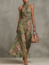 Serena ∙ Abito lungo verde floreale in chiffon con scollo a halter