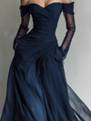 Abito Maxi Elegante in Chiffon Organza Blu Scuro con Maniche Lunghe e Spalle Scoperte