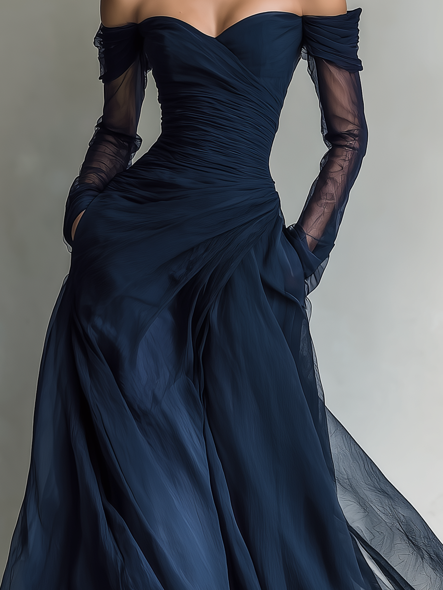 Abito Maxi Elegante in Chiffon Organza Blu Scuro con Maniche Lunghe e Spalle Scoperte