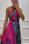 Elaine - Abito lungo con scollo a halter e stampa floreale in tulle