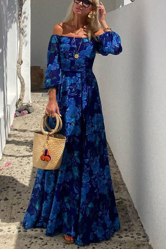 Francesca - Vestito lungo con stampa floreale e maniche a spalle scoperte