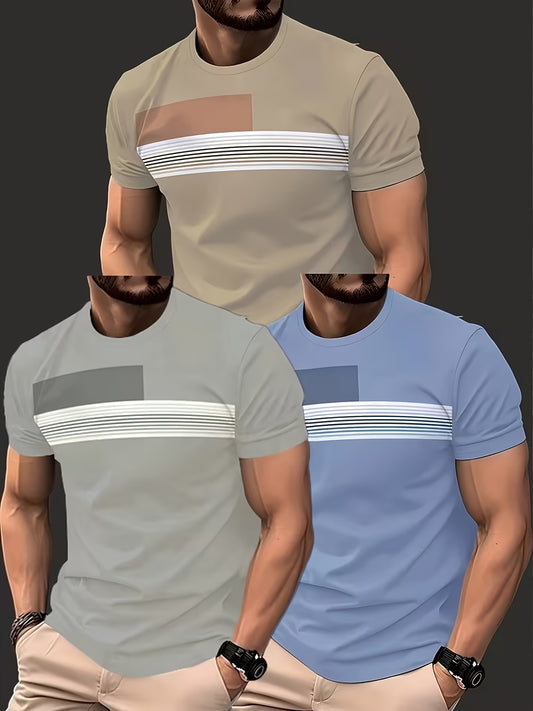 3 pezzi Magliette a Manica Corta a Righe da Uomo - Design a Colore Unito e a Righe in,,,, Grigio, Turchese | T-shirt Estive Casual con Collo Rotondo e Maniche a Righe Verticali | Lavabile in Lavatrice, Abbigliamento Casual Versatile per Spiaggia, Ufficio,