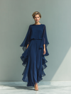 Completo Donna Top Chiffon Blu Navy Maniche Svasate e Pantalone Dritto Volant