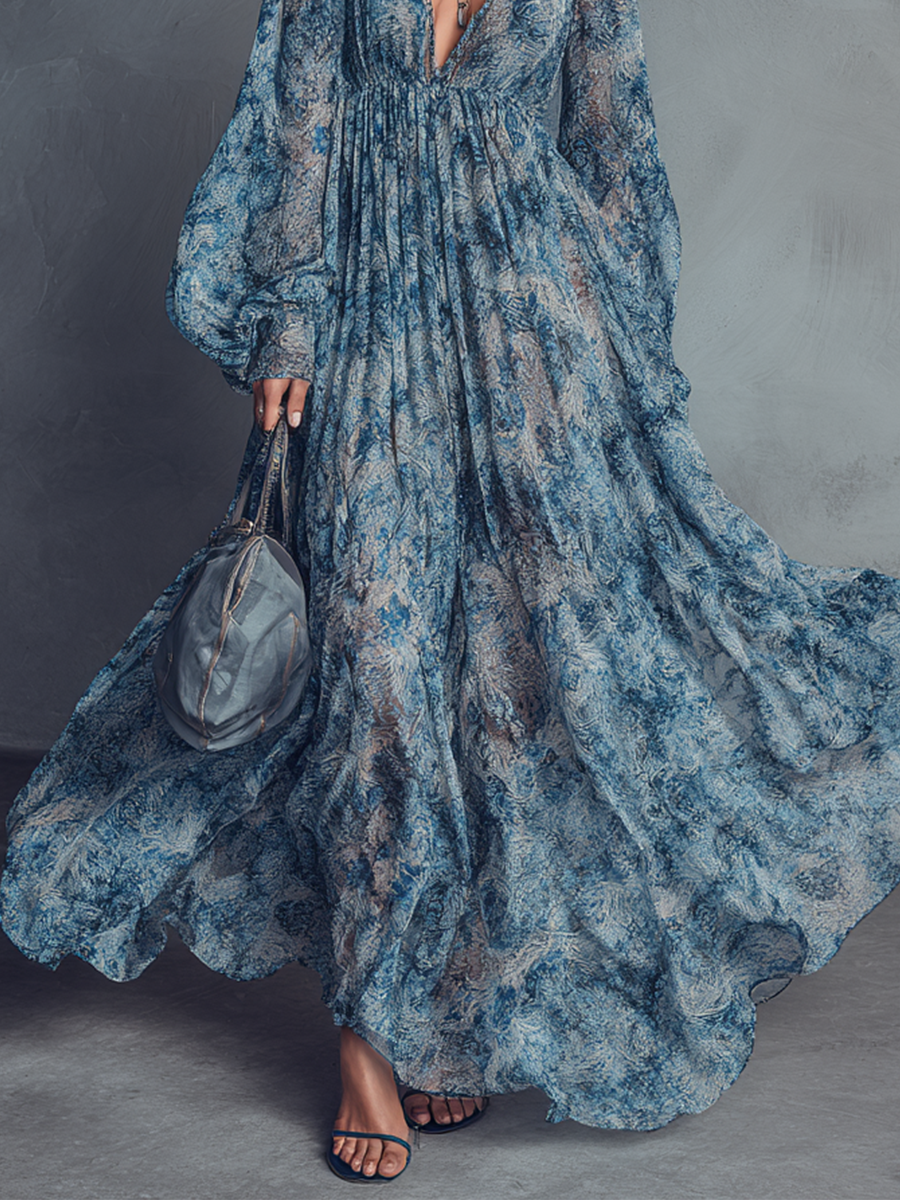 Abito maxi in chiffon con stampa floreale blu stile boho donna