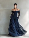 Abito Maxi Elegante in Chiffon Organza Blu Scuro con Maniche Lunghe e Spalle Scoperte