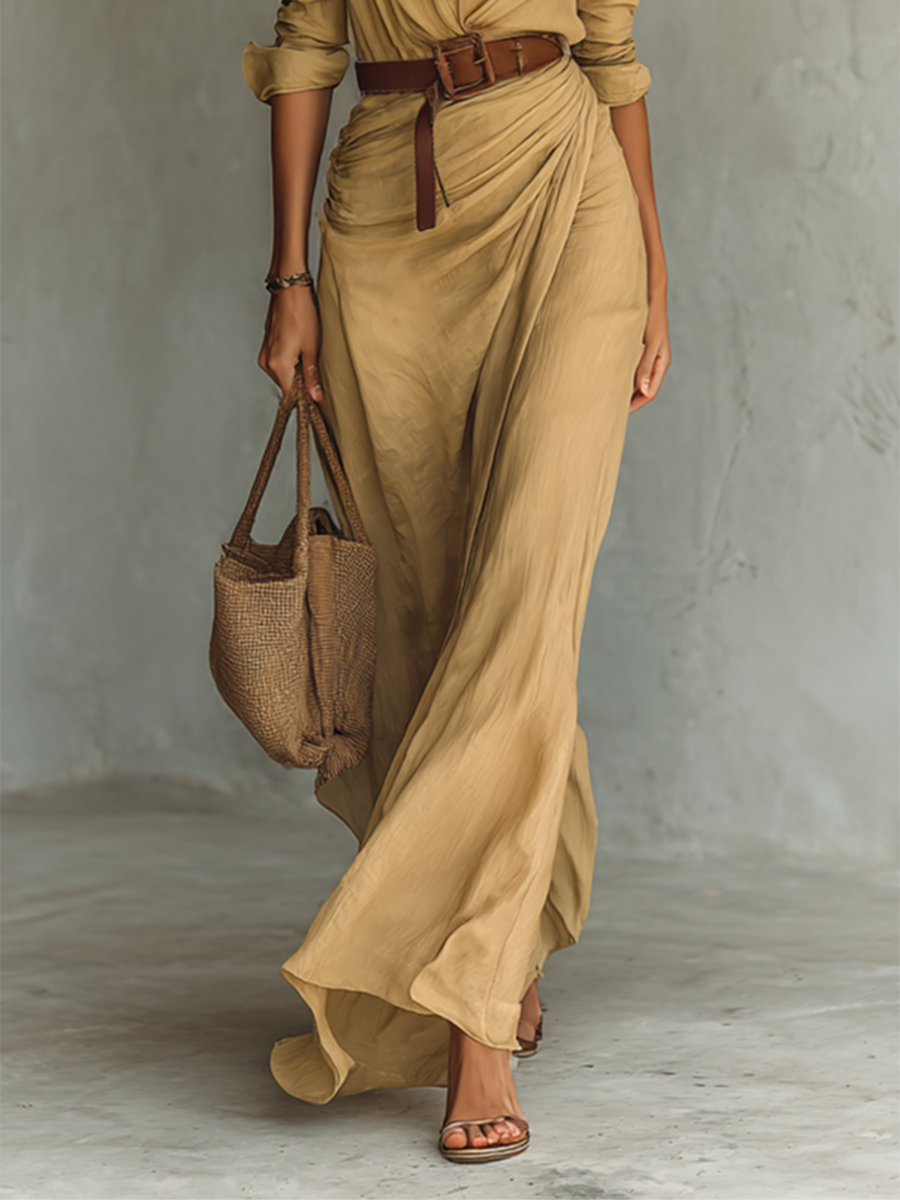 Abito Maxi Lungo con Colletto Rovesciato e Maniche Lunghe Donna
