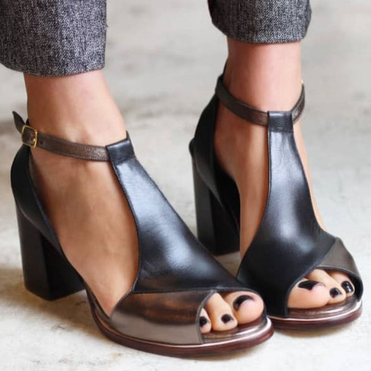20 Nadaria | Sandalias peep toe de patchwork negro con tacón