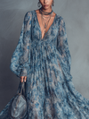 Abito maxi in chiffon con stampa floreale blu stile boho donna