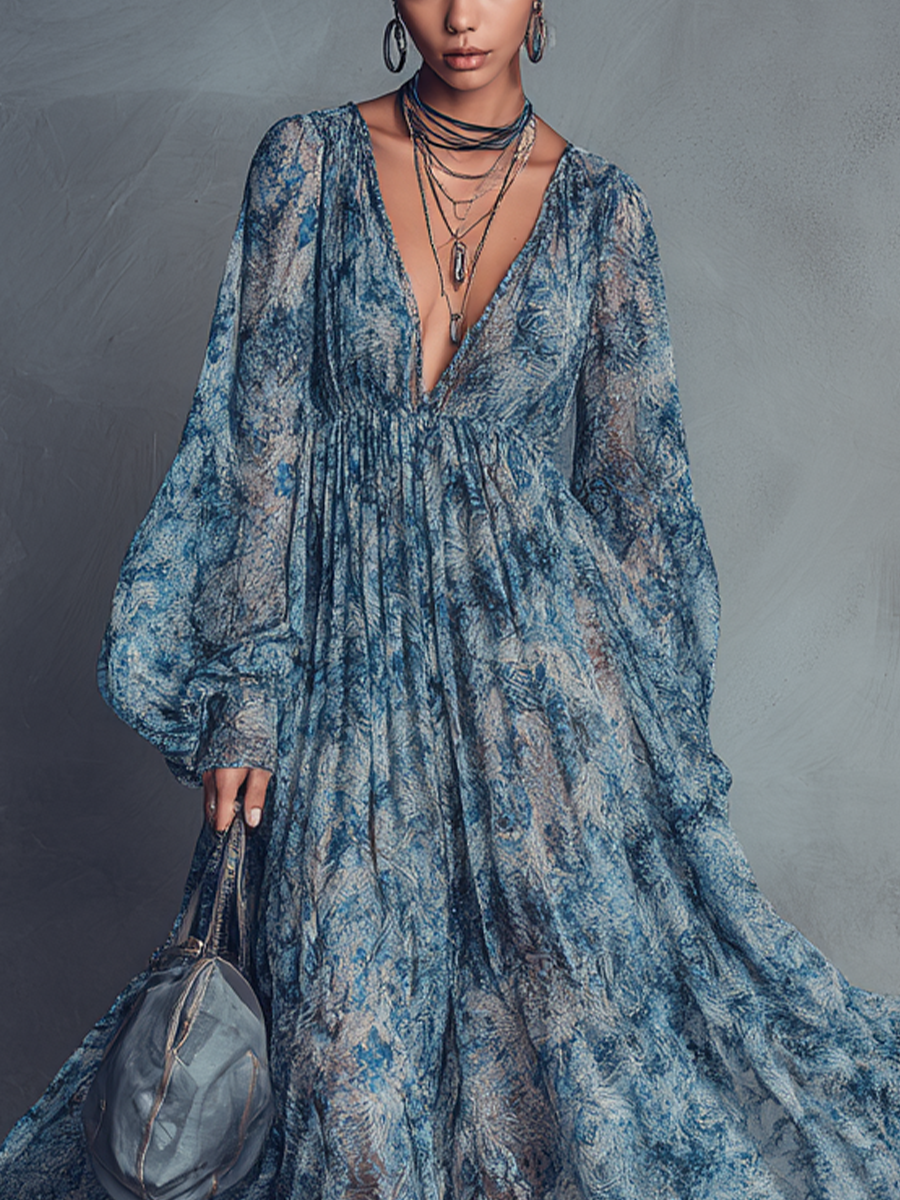 Abito maxi in chiffon con stampa floreale blu stile boho donna