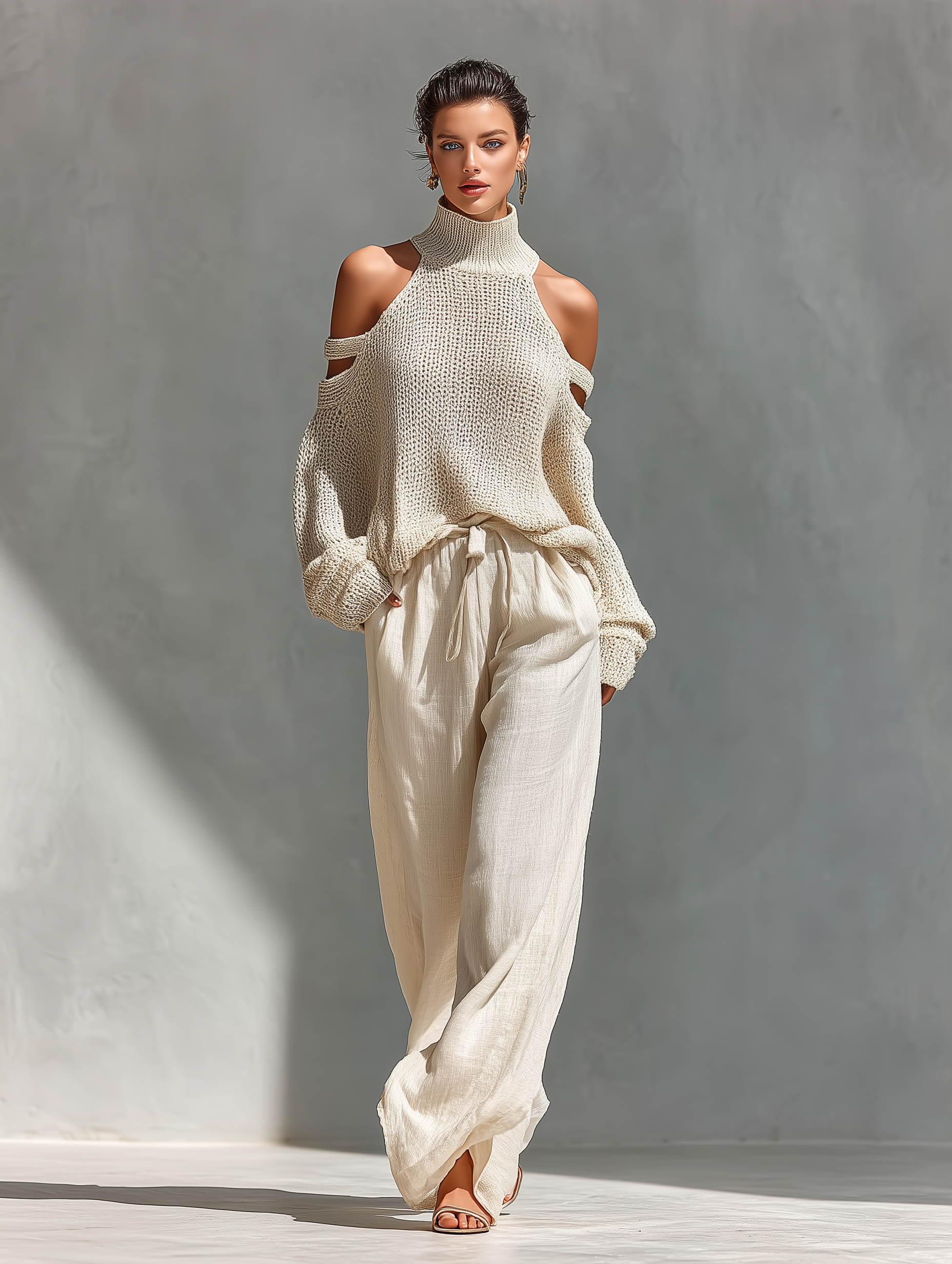 Completo Top Collo Alto Spalle Scoperte in Maglia Beige & Pantaloni Gamba Larga