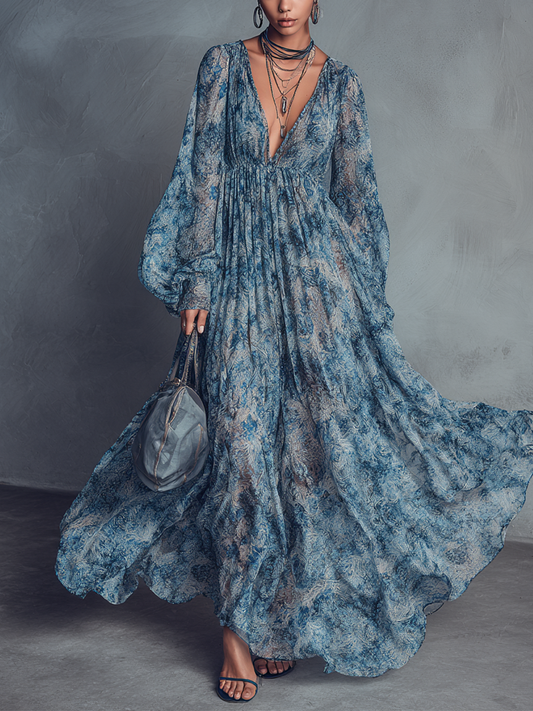 Abito maxi in chiffon con stampa floreale blu stile boho donna