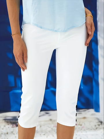 Pantaloni Capri Slim con Bottoni a Contrasto