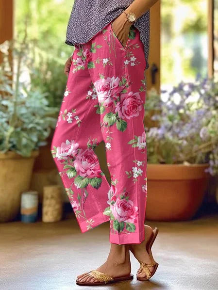 Aurora® – Pantaloni Casual con Motivo Floreale Rosa e Tasche Laterali