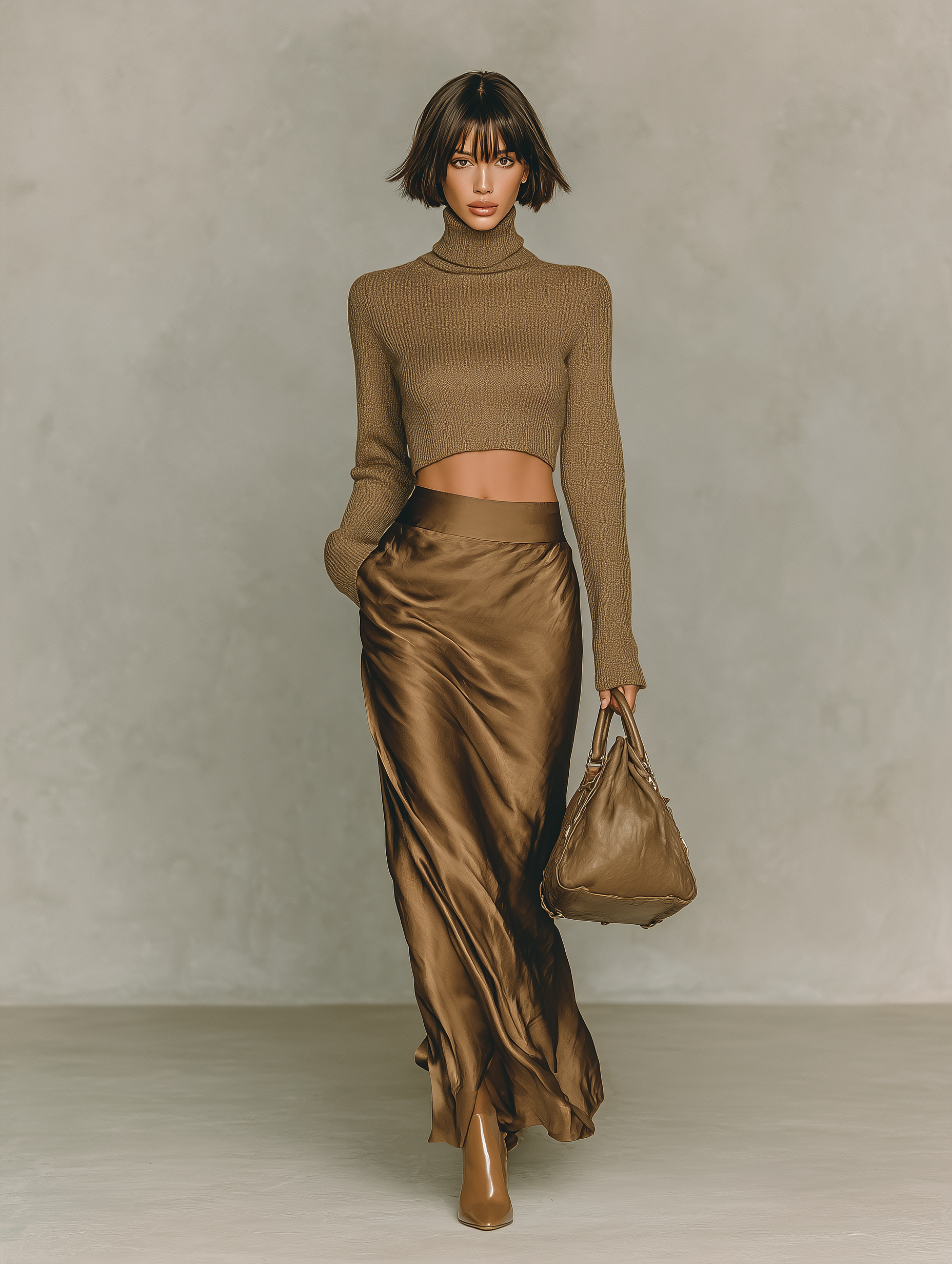 Completo maglia collo alto marrone-dorato e gonna midi satin