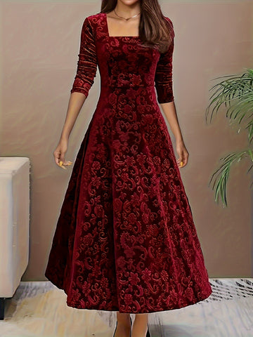 Isabella™ – Abito A-Line in Velluto con Motivo Floreale • Rosso Scuro