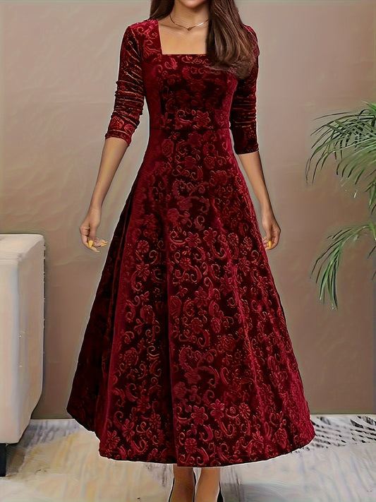 Isabella™ – Abito A-Line in Velluto con Motivo Floreale • Rosso Scuro