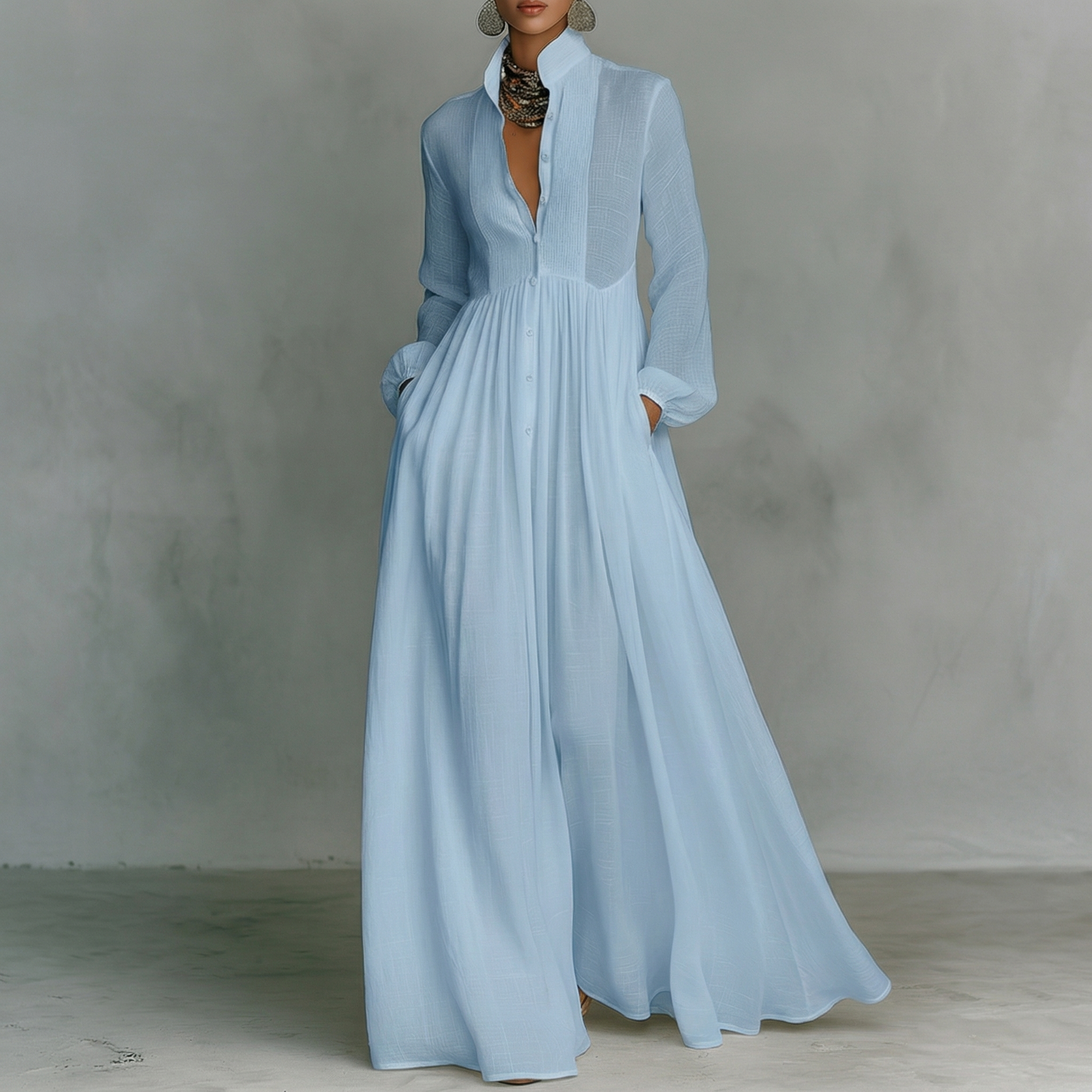 Abito Maxi Minimalista in Cotone e Lino con Patchwork