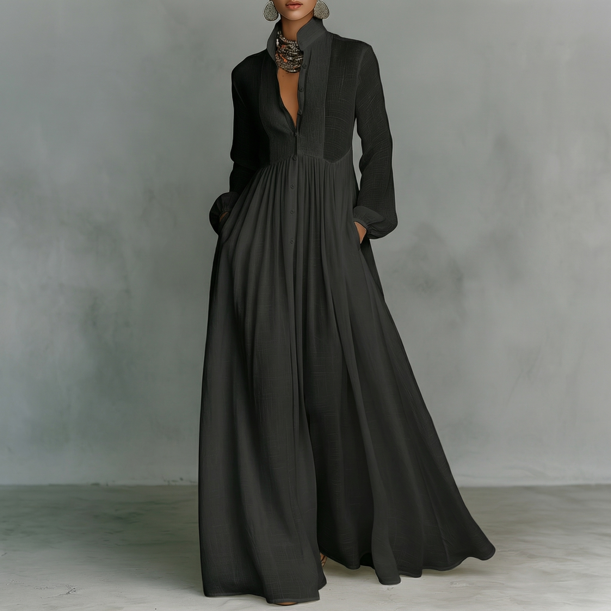 Abito Maxi Minimalista in Cotone e Lino con Patchwork