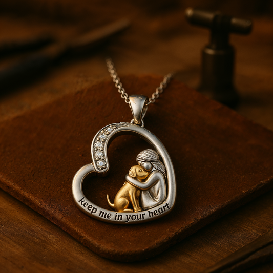 Collana d'argento con cuore, motivo cane e zirconi
