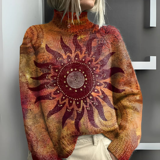 Elora - Maglione a Collo Alto in Maglia Calda con Motivo Sole Tribale