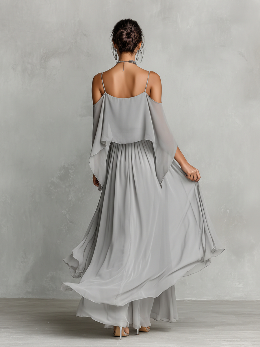 Completo Chiffon Grigio Donna Spalle Nude e Silhouette Svasata